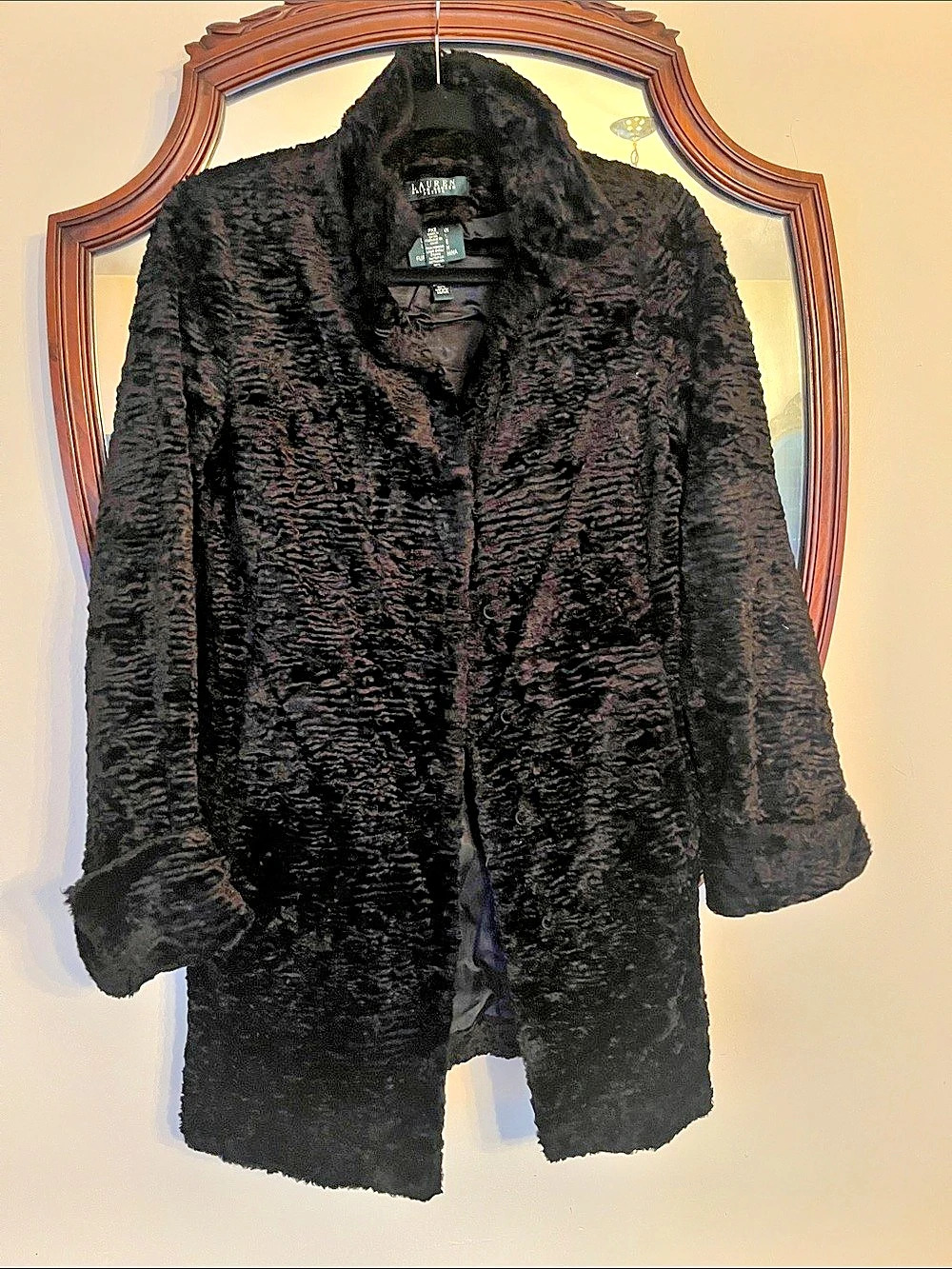 Lauren Ralph Lauren Persian Lamb Fur Coat Black Size XS Petite Lined EUC